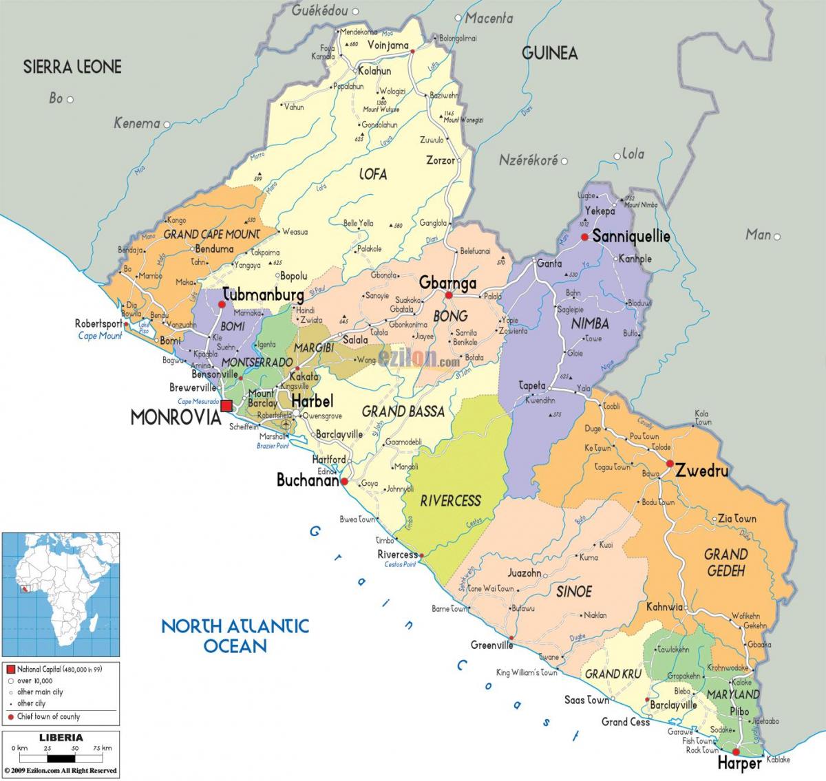 карта земље Либерија 