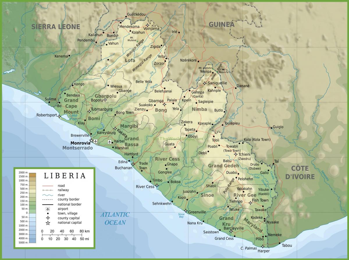 нацртати физичке мапи Либерија